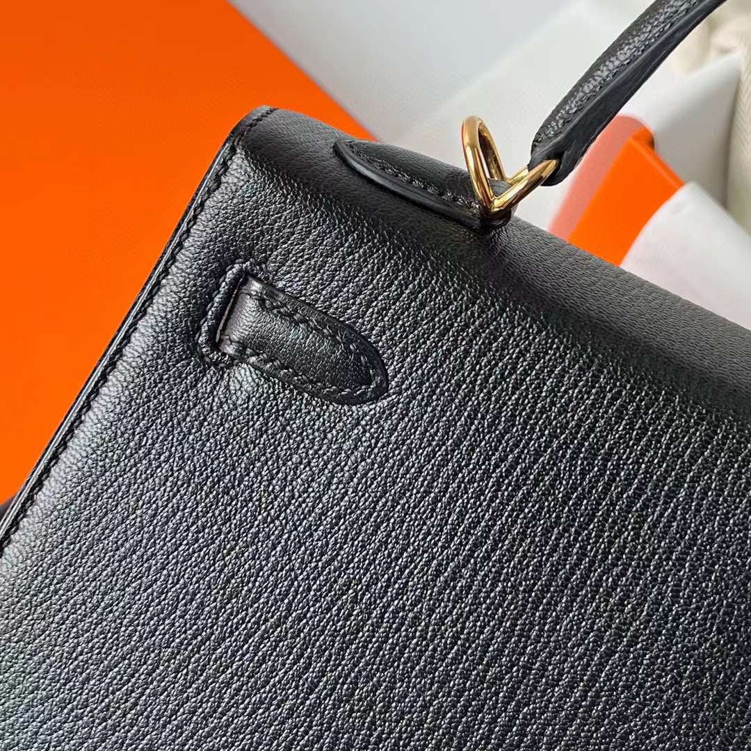 Hermès（爱马仕）Kelly 凯莉包 Chevre 进口山羊皮 Ck89 黑色 金扣 25cm 全手工蜡线缝制 Ghw