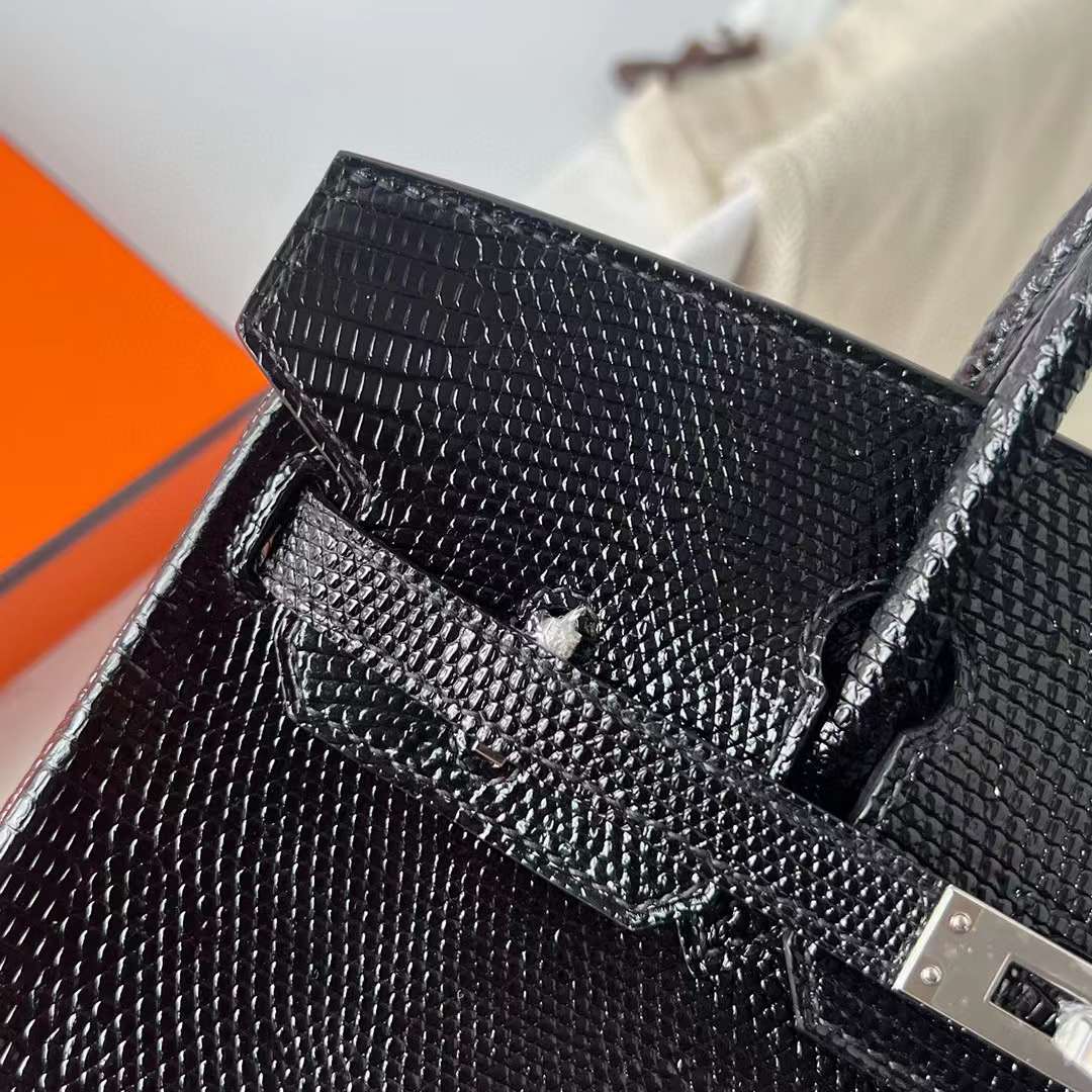 Hermès（爱马仕）Birkin 铂金包 Lizard 进口蜥蜴皮 Ck89 黑色 银扣 25cm 全手工蜡线缝制 Phw