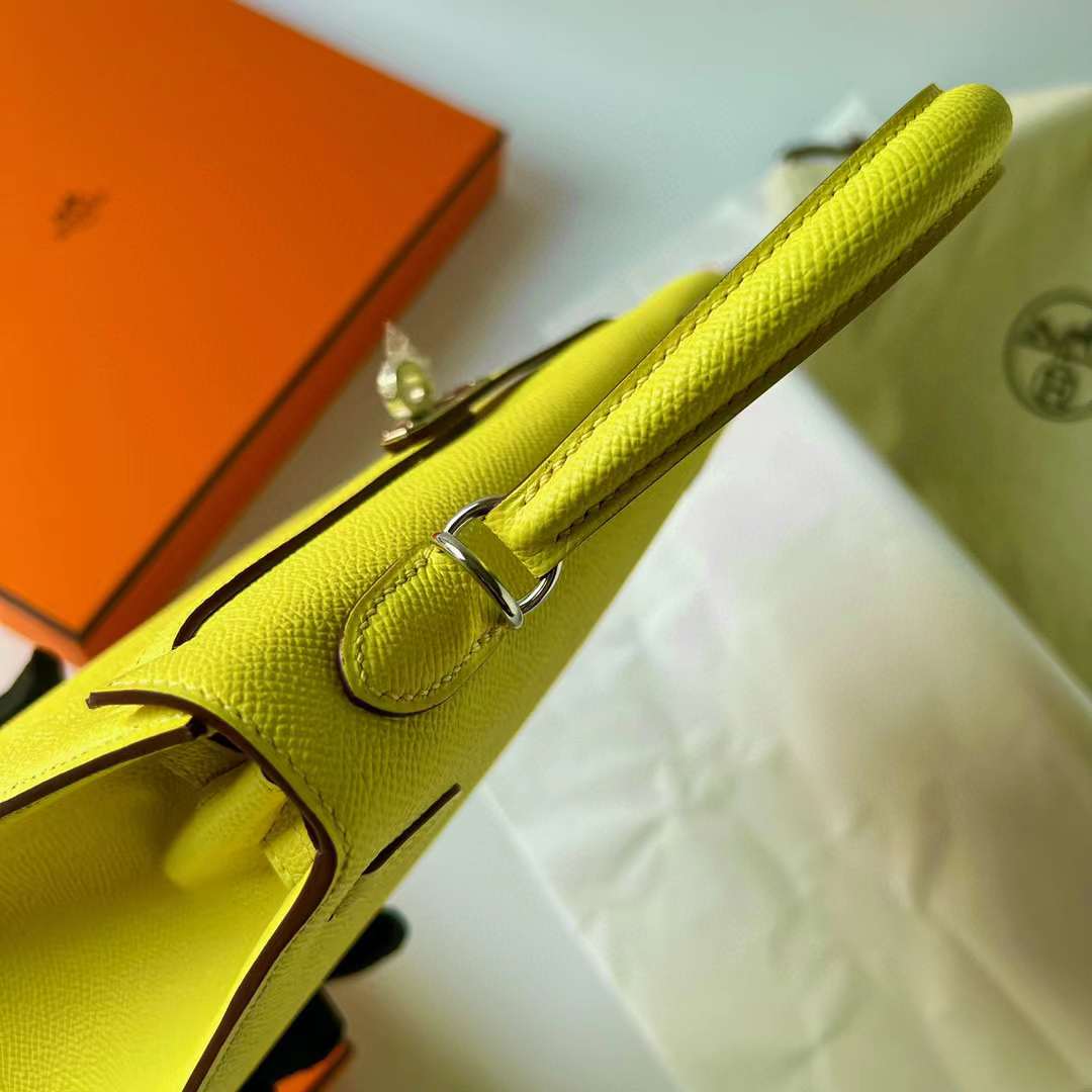 Hermès（爱马仕）Kelly 凯莉包 Epsom 9R 柠檬黄 银扣 25cm 全手工蜡线缝制 Phw