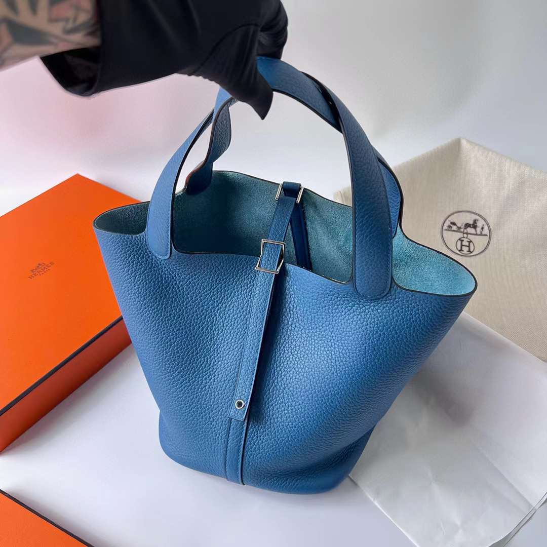 Hermès（爱马仕）Picotin 菜篮子 Clemence（御用原厂进口tc皮）7Q 希腊蓝 银扣 22cm 全手工蜡线缝制 Phw
