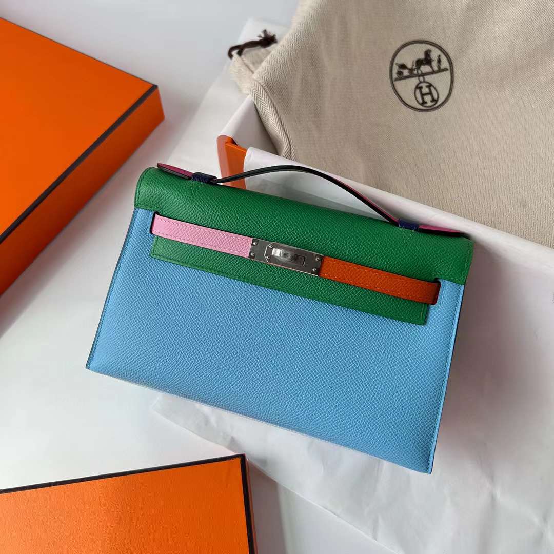 Hermès（爱马仕）Mini Kelly Pochette Epsom Hss 多拼色 P3 北方蓝 拼 U4 丝绒绿 拼 X9 锦葵紫 拼 9J 火焰橙 拼 E5 糖果粉 拼 A5 杜鹃红 拼 T0 雾蓝色 银扣 22cm