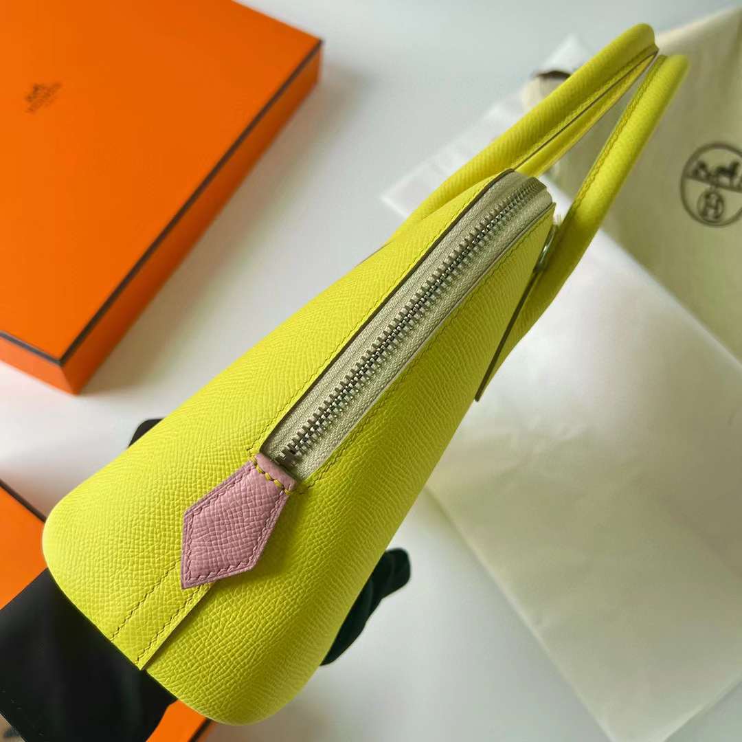 Hermès（爱马仕）Bolide 保龄球包 Epsom 9R 柠檬黄 拼 X9 锦葵紫 拼 Ck10 奶昔白 银扣 25cm 全手工蜡线缝制 Phw