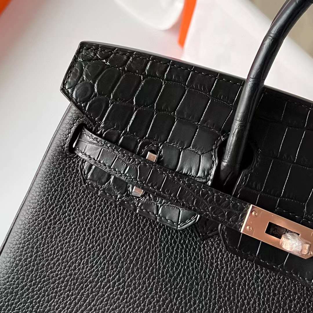 Hermès（爱马仕）Birkin 铂金包 Touch Togo 拼 雾面尼罗鳄鱼皮 Ck89 黑色 玫瑰金扣 25cm 全手工蜡线缝制 Rghw