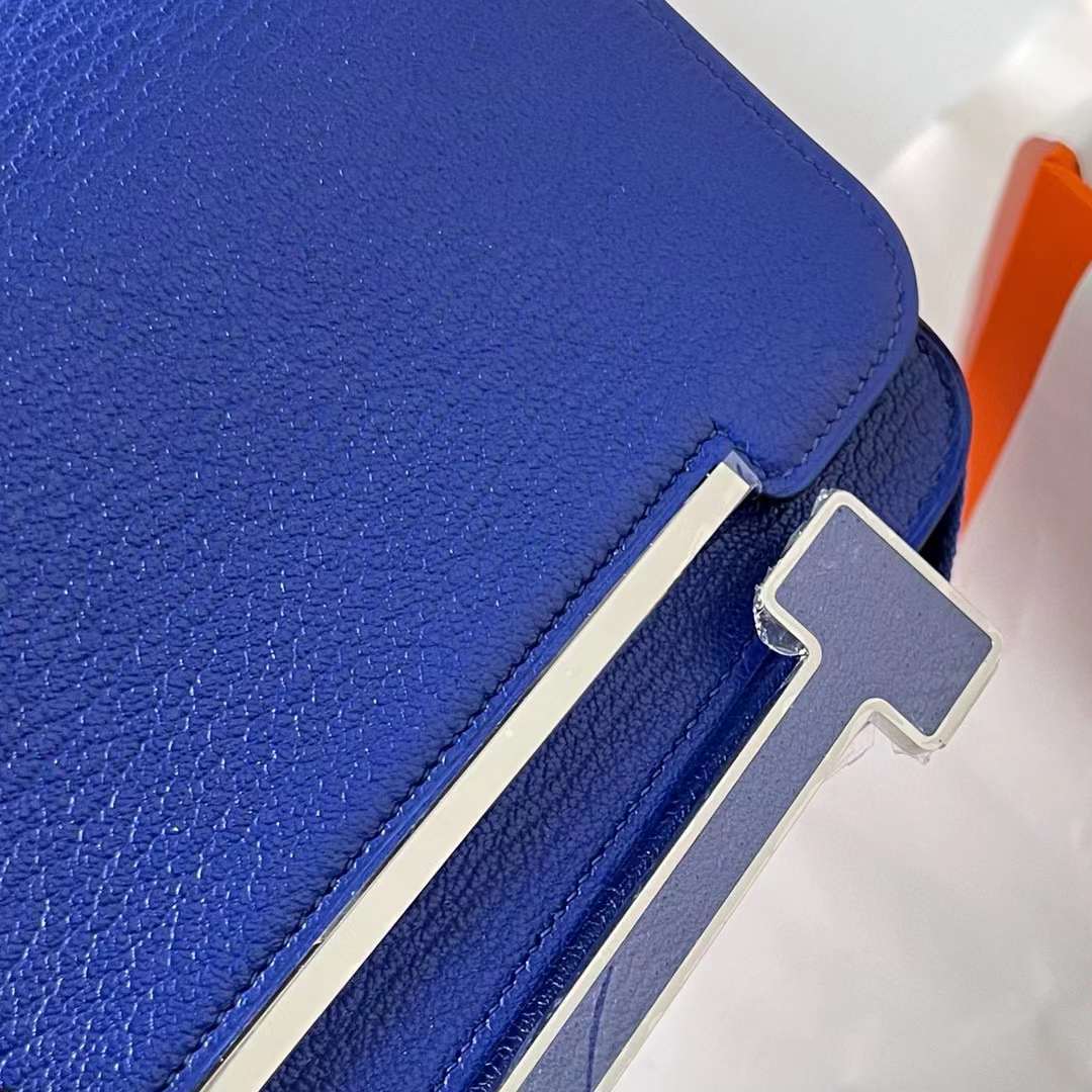 Hermès（爱马仕）Geta Chevre 进口山羊皮 7T 电光蓝 银扣 20cm 全手工蜡线缝制 Phw
