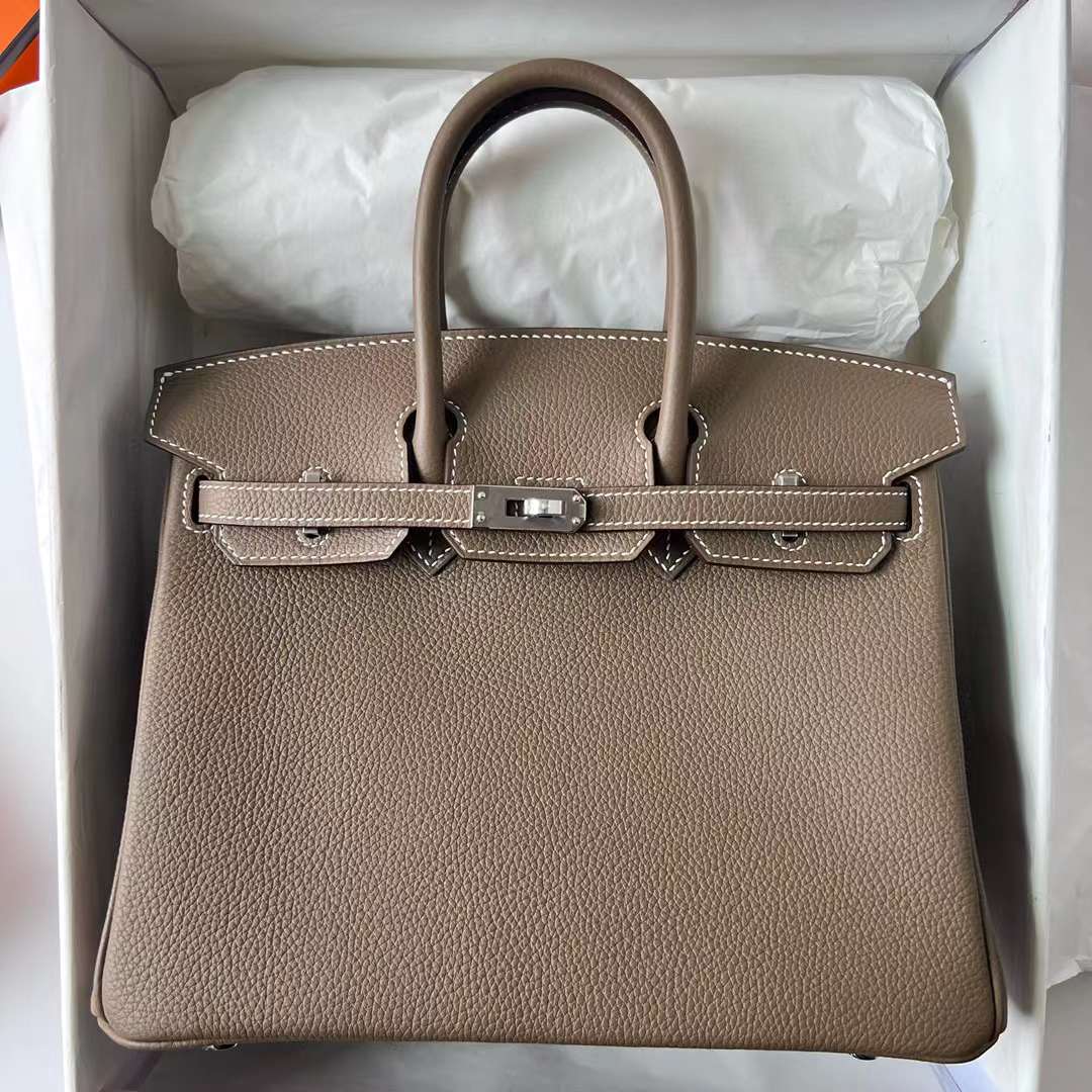 Hermès（爱马仕）Birkin 铂金包 Togo 进口小牛皮 Ck18 大象灰 银扣 25cm 全手工蜡线缝制 Phw
