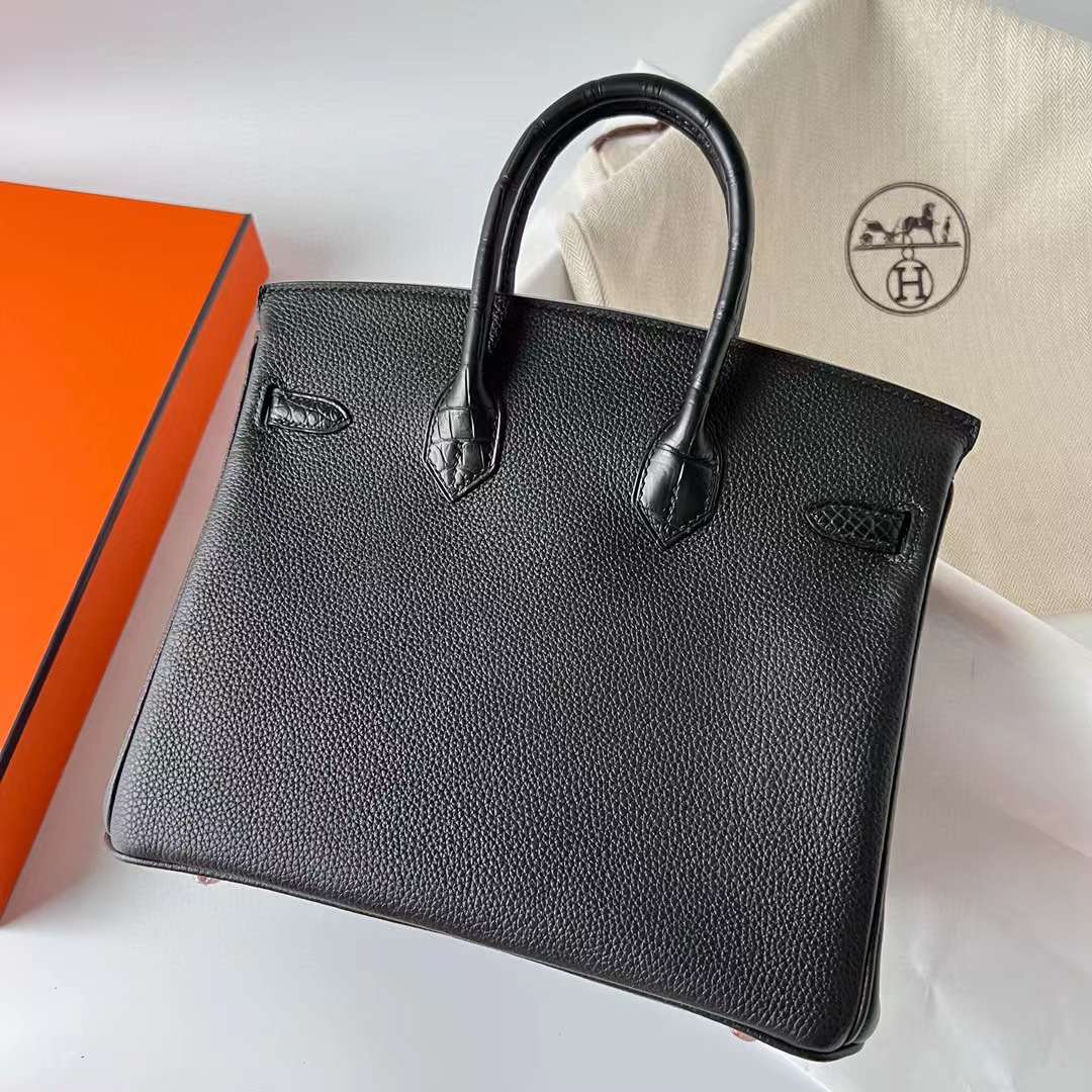 Hermès（爱马仕）Birkin 铂金包 Touch Togo 拼 雾面尼罗鳄鱼皮 Ck89 黑色 玫瑰金扣 25cm 全手工蜡线缝制 Rghw
