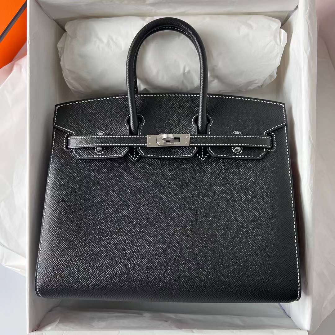 Hermès（爱马仕）Birkin Sellier Epsom Ck89 黑色 银扣 走白色线 25cm 全手工蜡线缝制 Phw