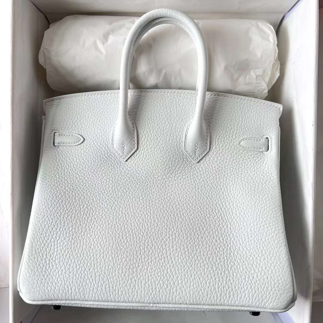 Hermès（爱马仕）Birkin 铂金包 Clemence 进口TC大牛皮 01 纯白 内拼 ck80 珍珠灰 银扣 25cm 全手工蜡线缝制 Phw