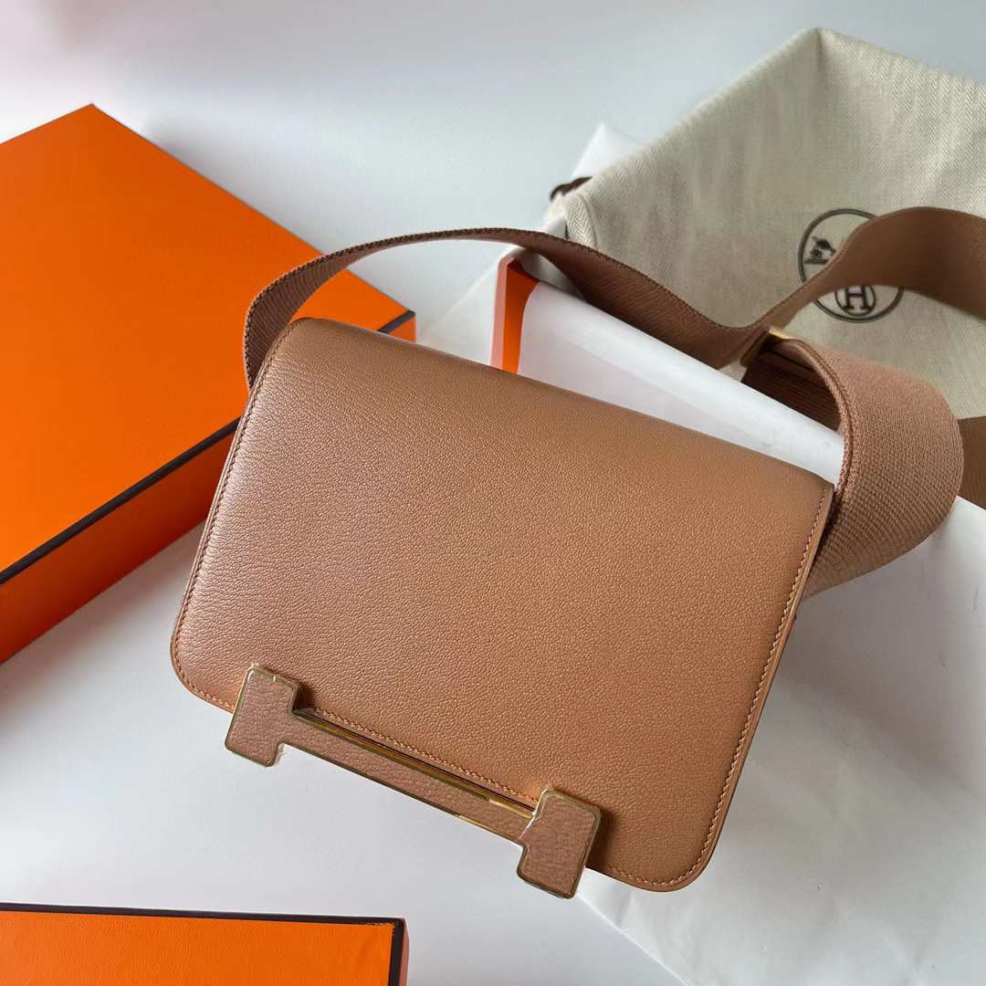 Hermès（爱马仕）Geta Chevre 进口山羊皮 2J 雀木色 金扣 20cm 全手工蜡线缝制 Ghw
