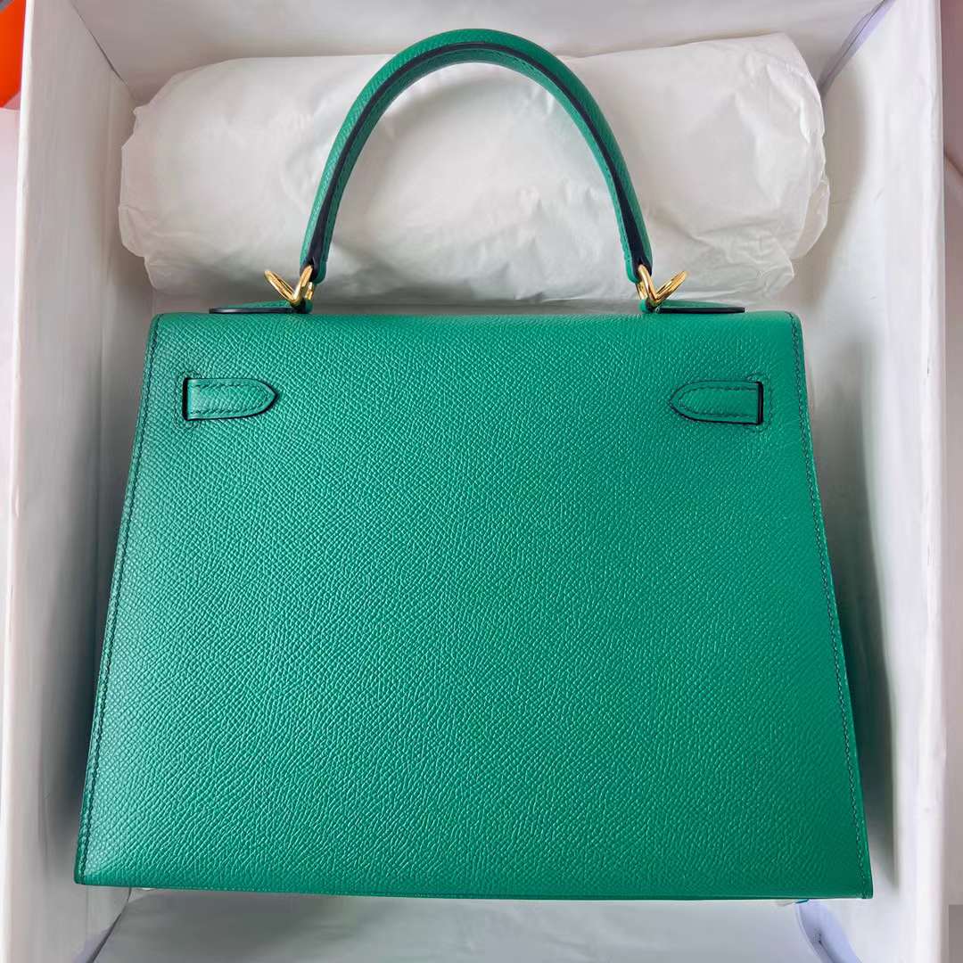 Hermès（爱马仕）Kelly 凯莉包 Epsom皮 U4 丝绒绿 金扣 25cm 全手工蜡线缝制 Ghw