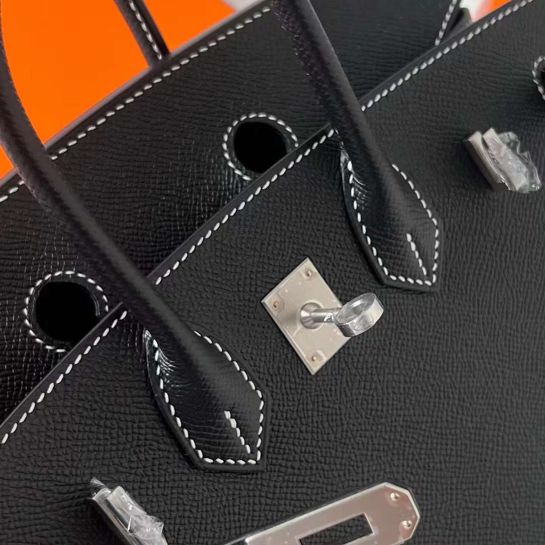 Hermès（爱马仕）Birkin Sellier Epsom Ck89 黑色 银扣 走白色线 25cm 全手工蜡线缝制 Phw
