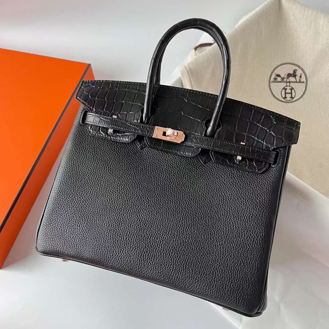 Hermès（爱马仕）Birkin 铂金包 Touch Togo 拼 雾面尼罗鳄鱼皮 Ck89 黑色 玫瑰金扣 25cm 全手工蜡线缝制 Rghw