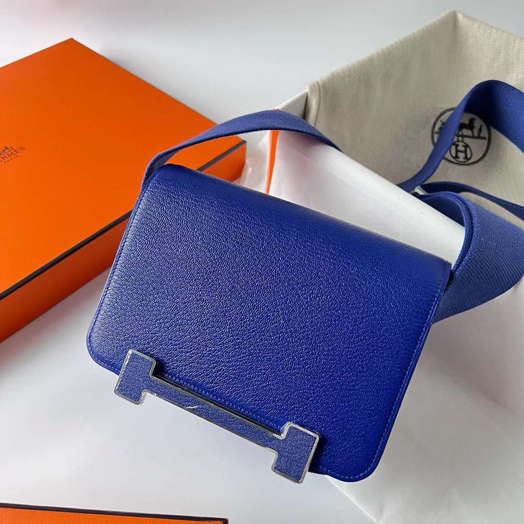 Hermès（爱马仕）Geta Chevre 进口山羊皮 7T 电光蓝 银扣 20cm 全手工蜡线缝制 Phw