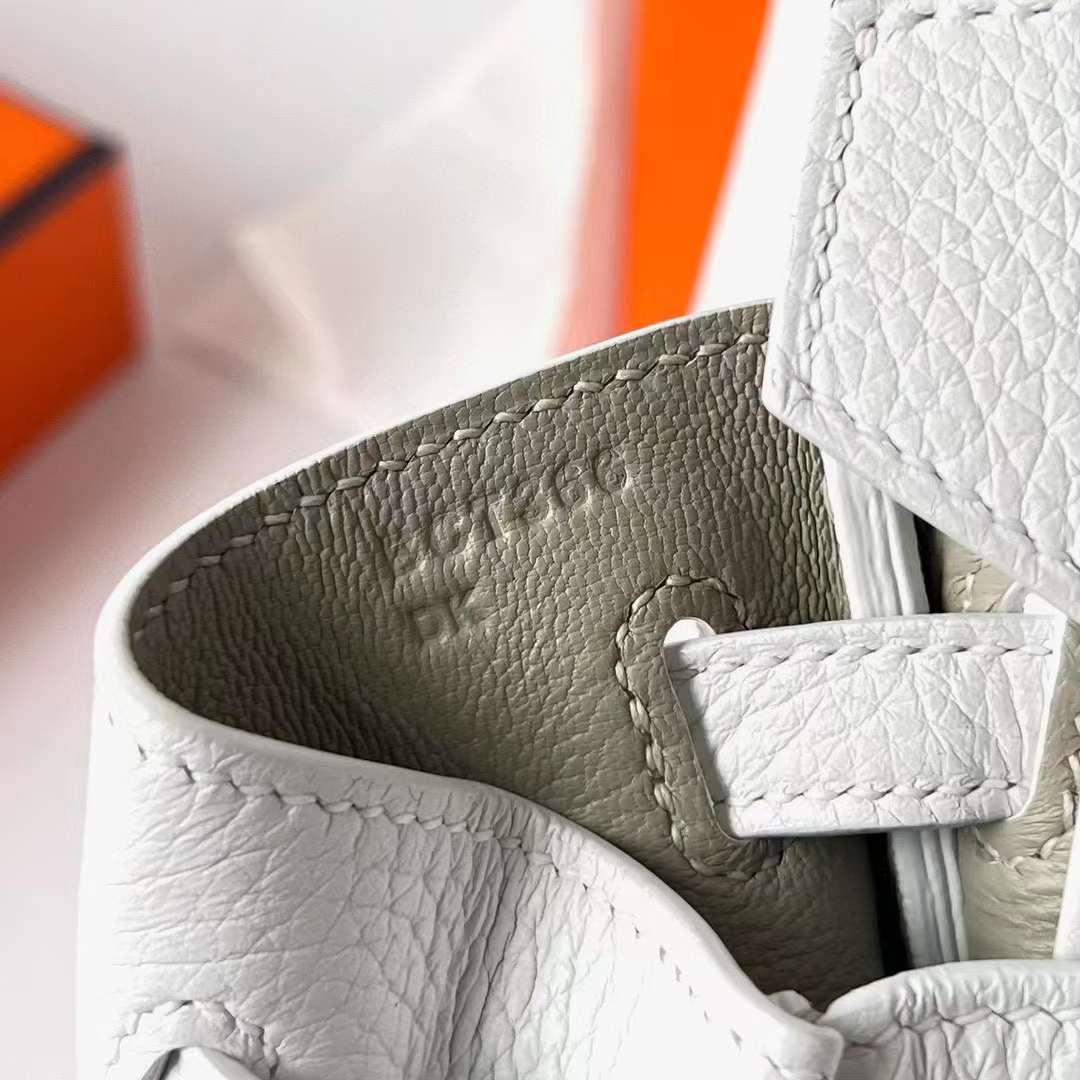 Hermès（爱马仕）Birkin 铂金包 Clemence 进口TC大牛皮 01 纯白 内拼 ck80 珍珠灰 银扣 25cm 全手工蜡线缝制 Phw