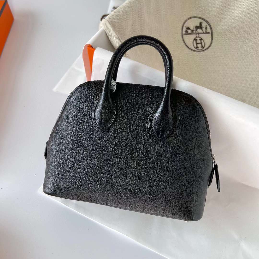 Hermès（爱马仕）Mini Bolide 迷你保龄球包 Chevre 山羊皮 Ck89 黑色 银扣 19cm 全手工蜡线缝制 Phw