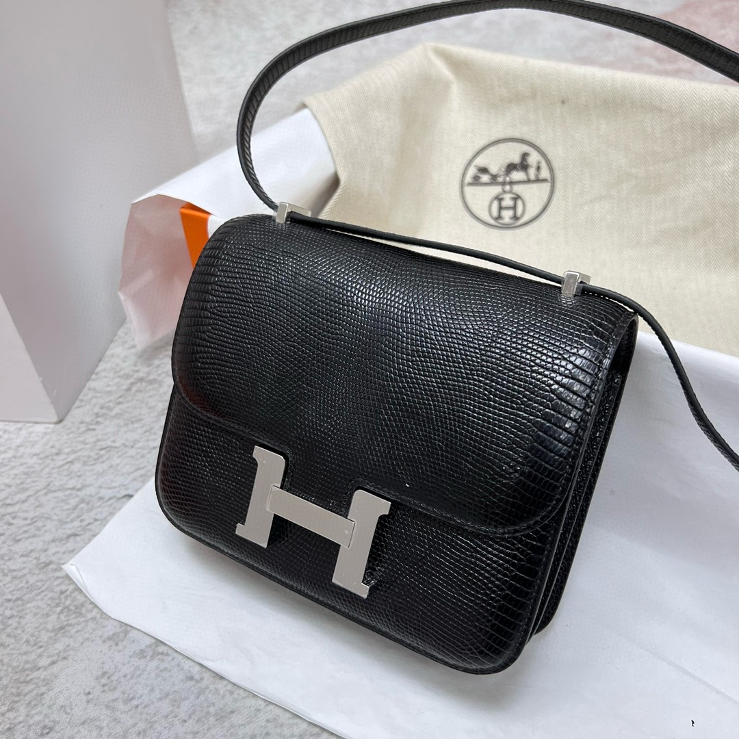 Hermès（爱马仕）Constance 空姐包 Lizard 进口亮面蜥蜴皮 ck89 黑色 Noir 银扣 18cm PHW 顶级手缝 Noir 银扣 18cm PHW 顶级手缝