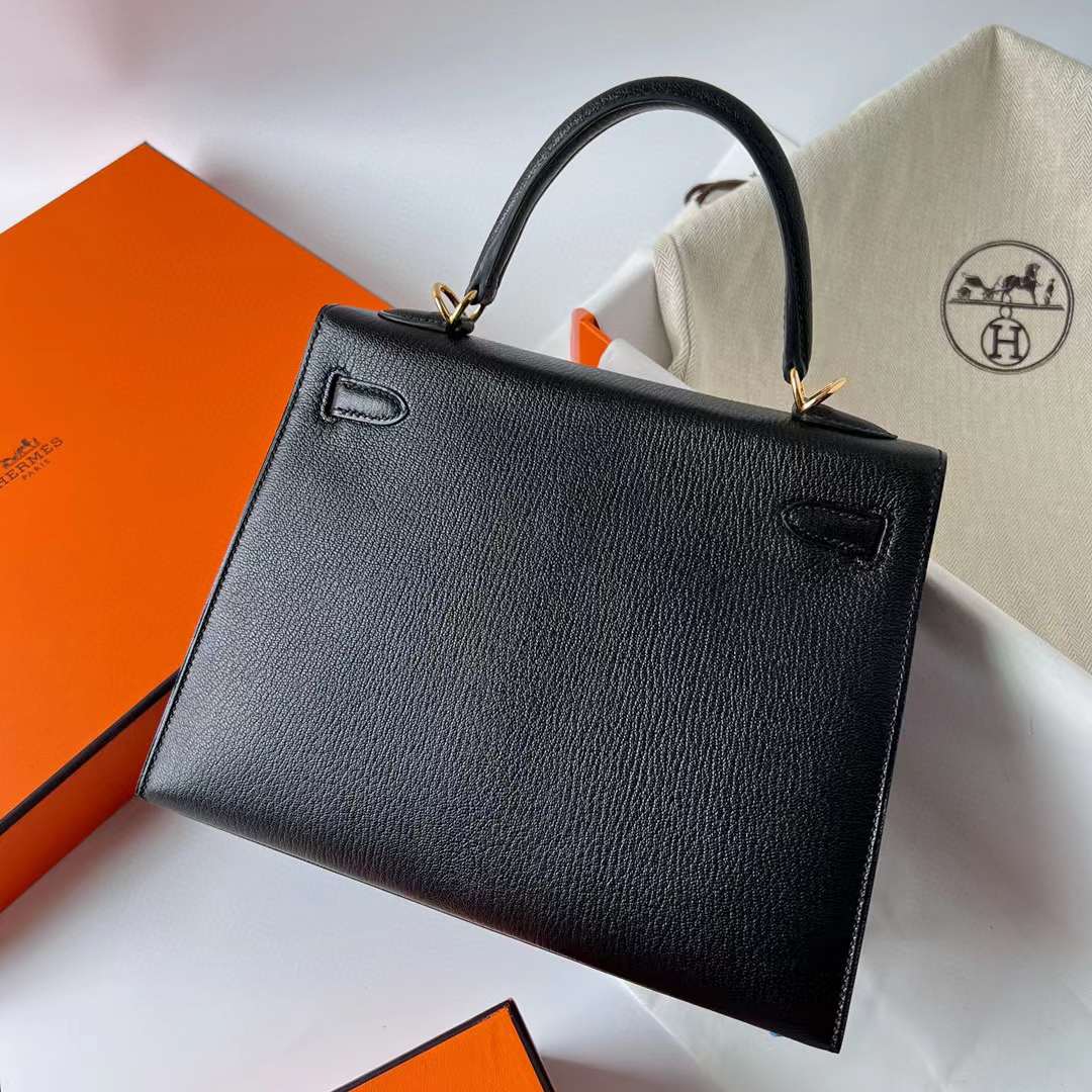Hermès（爱马仕）Kelly 凯莉包 Chevre 进口山羊皮 Ck89 黑色 金扣 25cm 全手工蜡线缝制 Ghw