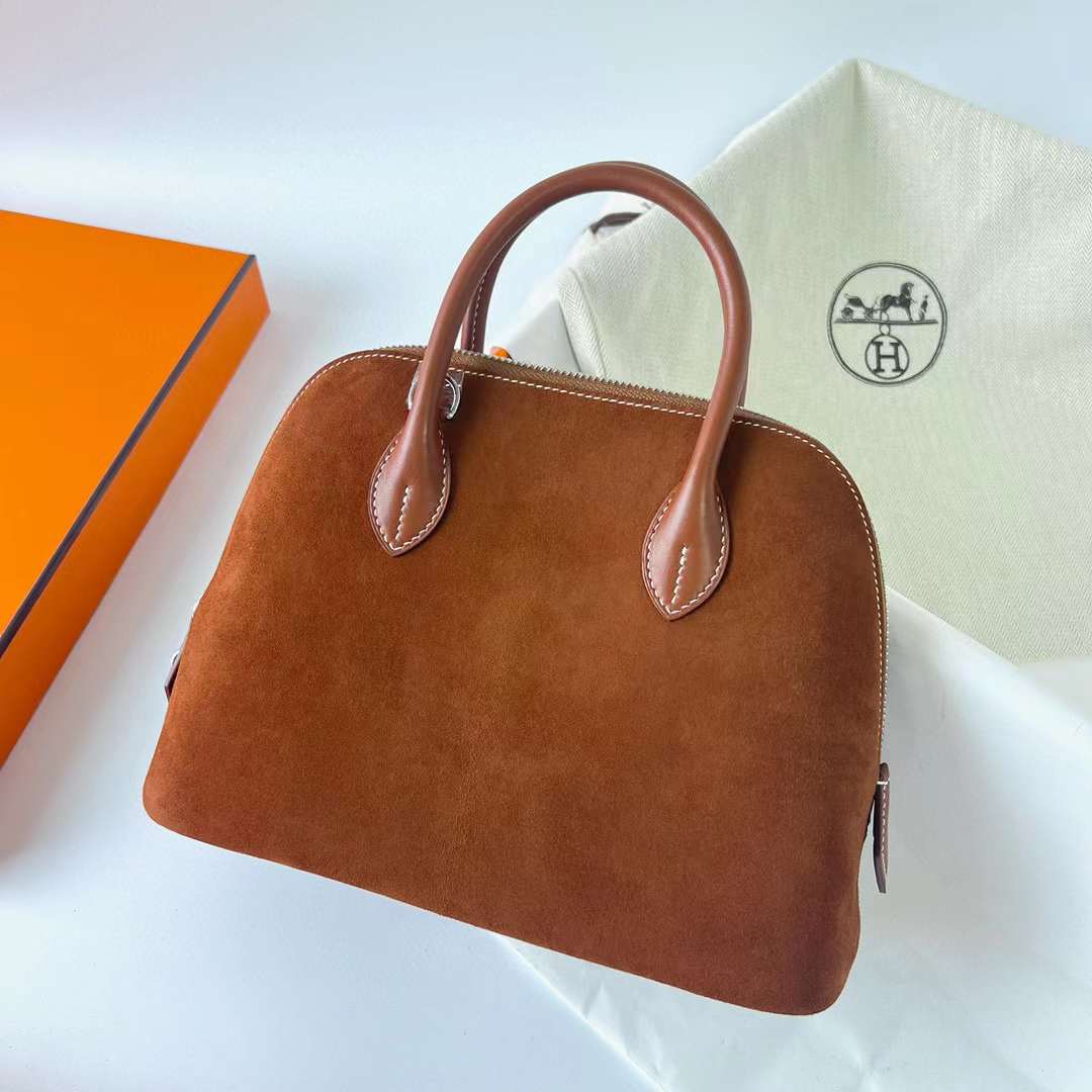 Hermès（爱马仕）Bolide 保龄球包 Suede 拼 Barenia Ck37 金棕色 银扣 25cm 全手工蜡线缝制 Phw