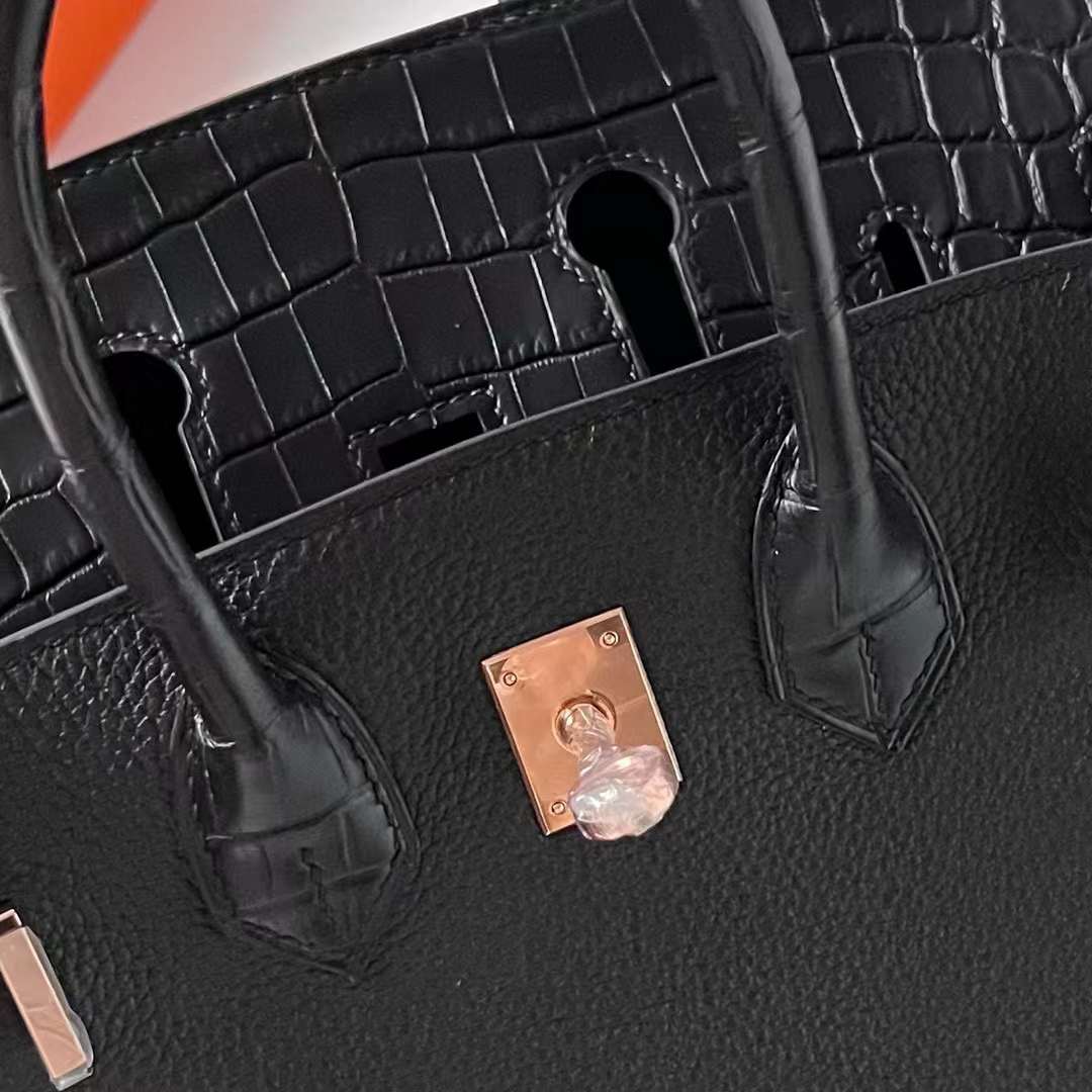 Hermès（爱马仕）Birkin 铂金包 Touch Togo 拼 雾面尼罗鳄鱼皮 Ck89 黑色 玫瑰金扣 25cm 全手工蜡线缝制 Rghw