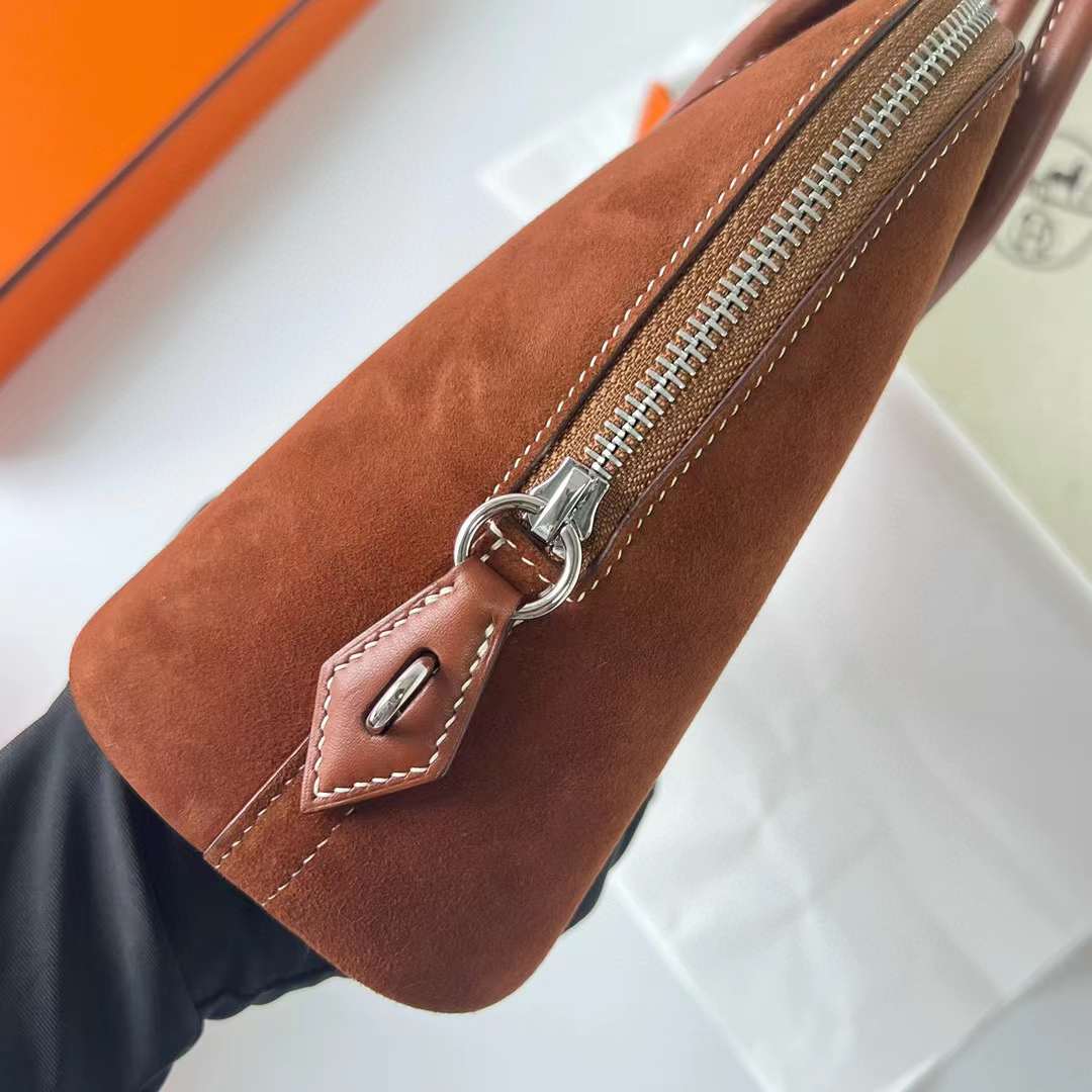 Hermès（爱马仕）Bolide 保龄球包 Suede 拼 Barenia Ck37 金棕色 银扣 25cm 全手工蜡线缝制 Phw