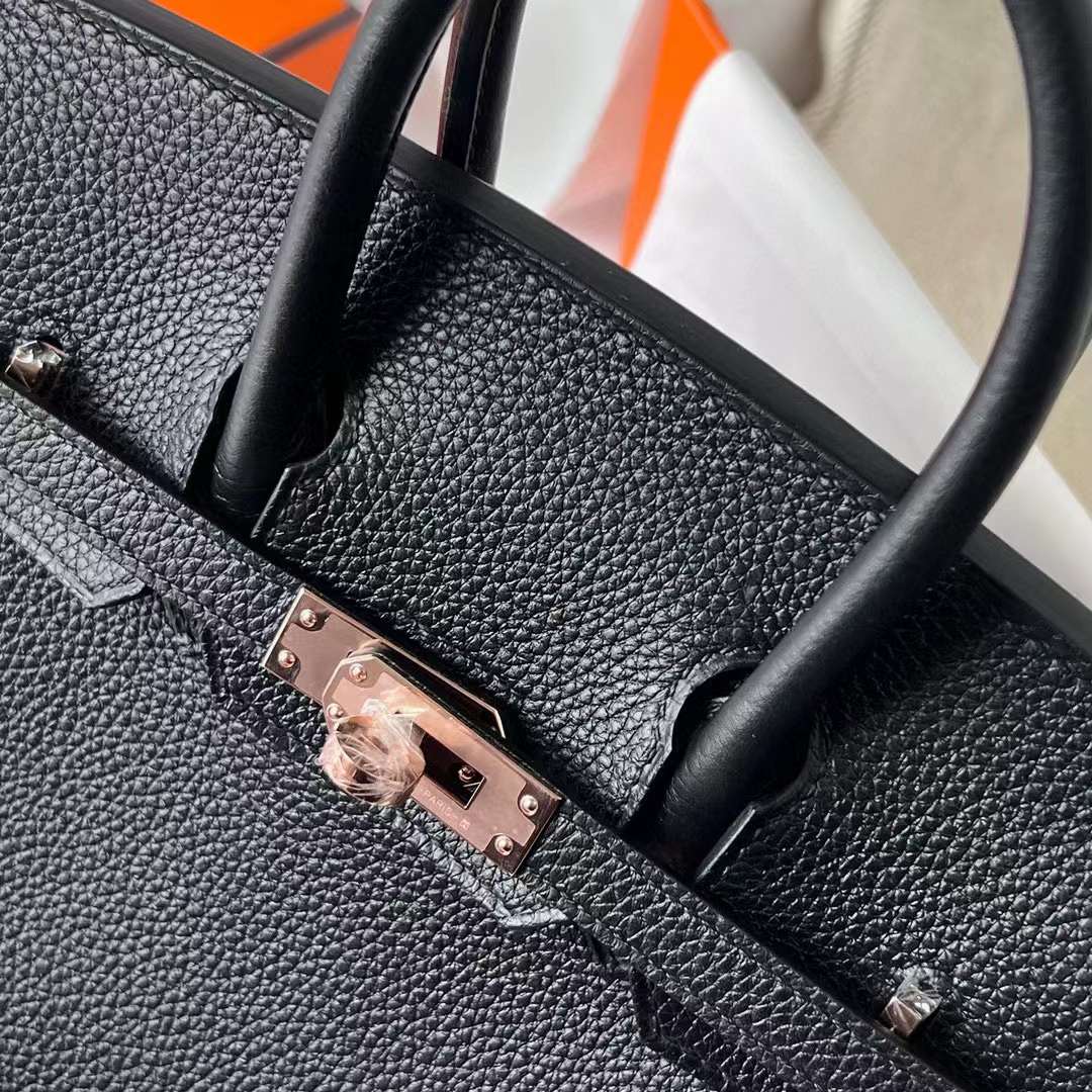 Hermès（爱马仕）Birkin 铂金包 Togo 顶级小牛皮 Ck89 黑色 玫瑰金扣 25cm 全手工蜡线缝制 Rghw