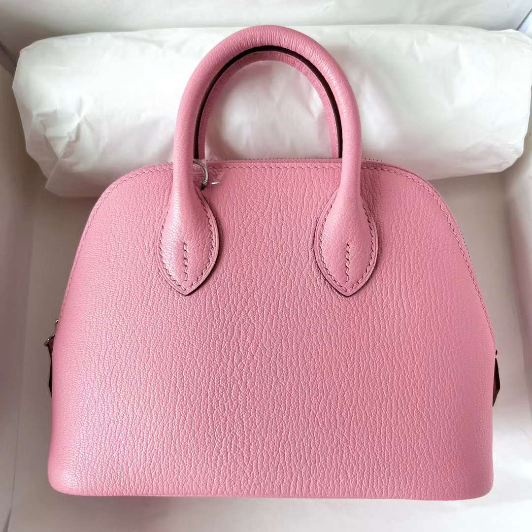 Hermès（爱马仕）Mini Bolide 迷你保龄球 Chevre 进口山羊皮 1Q 奶昔粉 银扣 19cm 全手工蜡线缝制 Phw