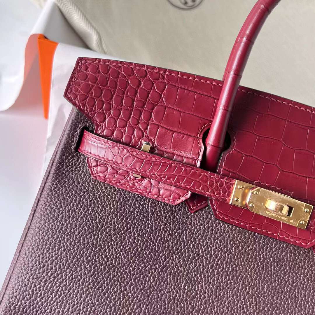 Hermès（爱马仕）Birkin 铂金包 Touch Togo皮 拼 雾面美洲鳄鱼皮 0G 马鞍红 拼 Ck55 爱马仕红 金扣 25cm 全手工蜡线缝制