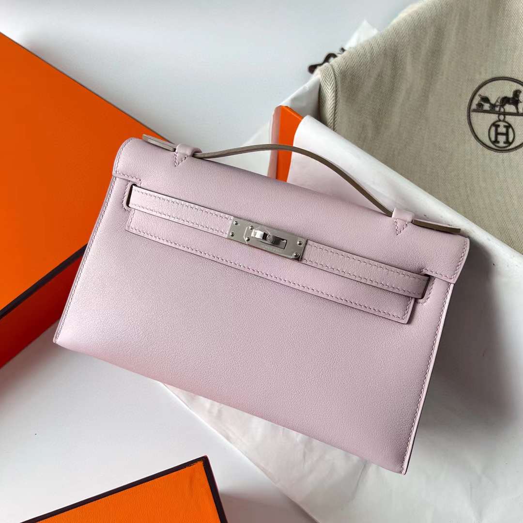 Hermès（爱马仕）Mini Kelly Pochette Swift皮 09 梦幻粉紫 银扣 22cm 全手工蜡线缝制 Phw