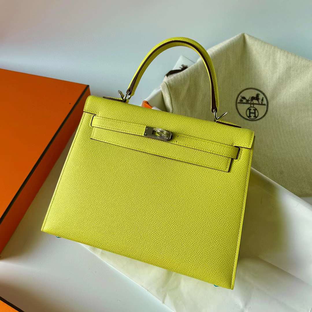 Hermès（爱马仕）Kelly 凯莉包 Epsom 9R 柠檬黄 银扣 25cm 全手工蜡线缝制 Phw