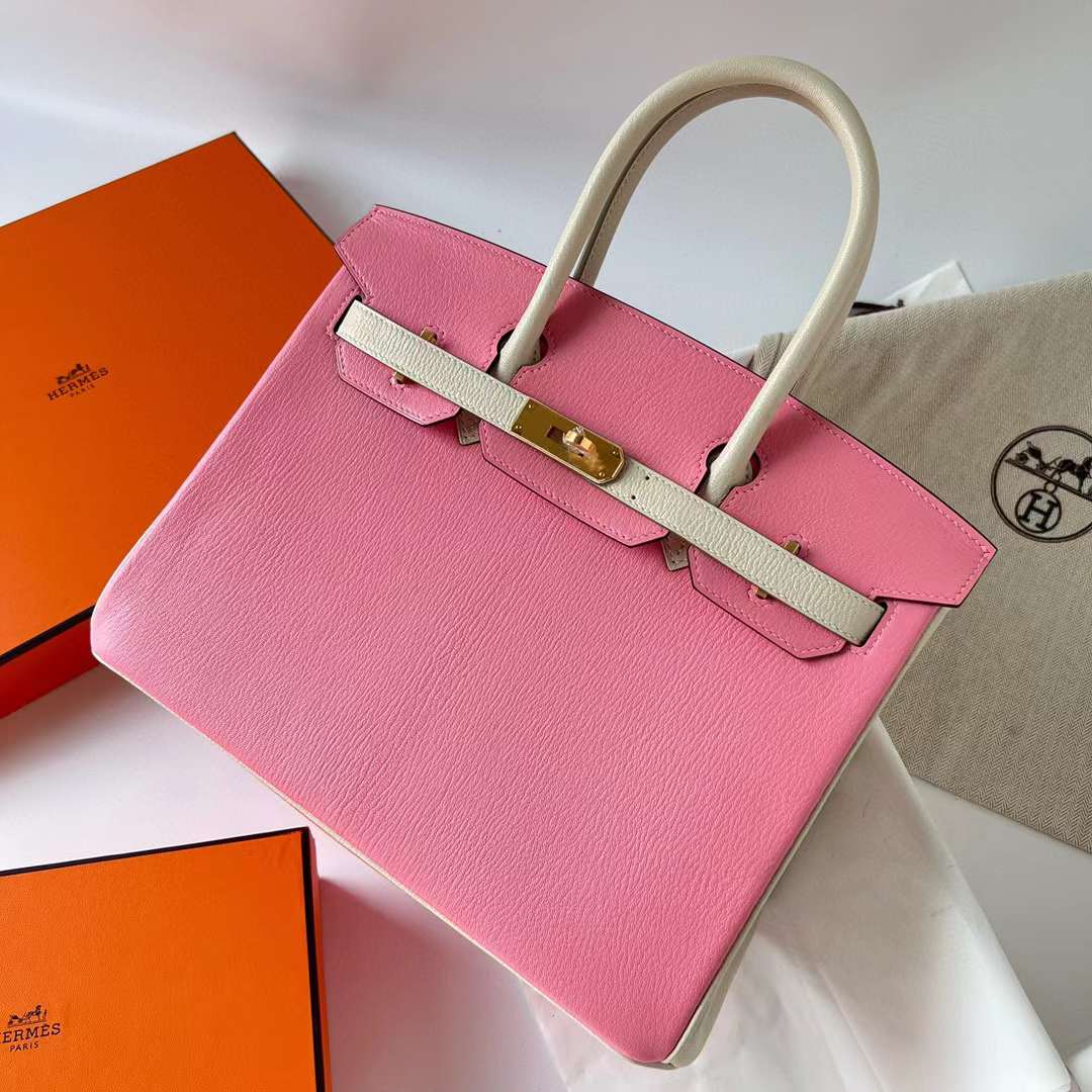 Hermès（爱马仕）Birkin 铂金包 Chevre 进口山羊皮 5P 樱花粉 拼 Ck10 奶昔白 金扣 30cm 全手工蜡线缝制 Ghw