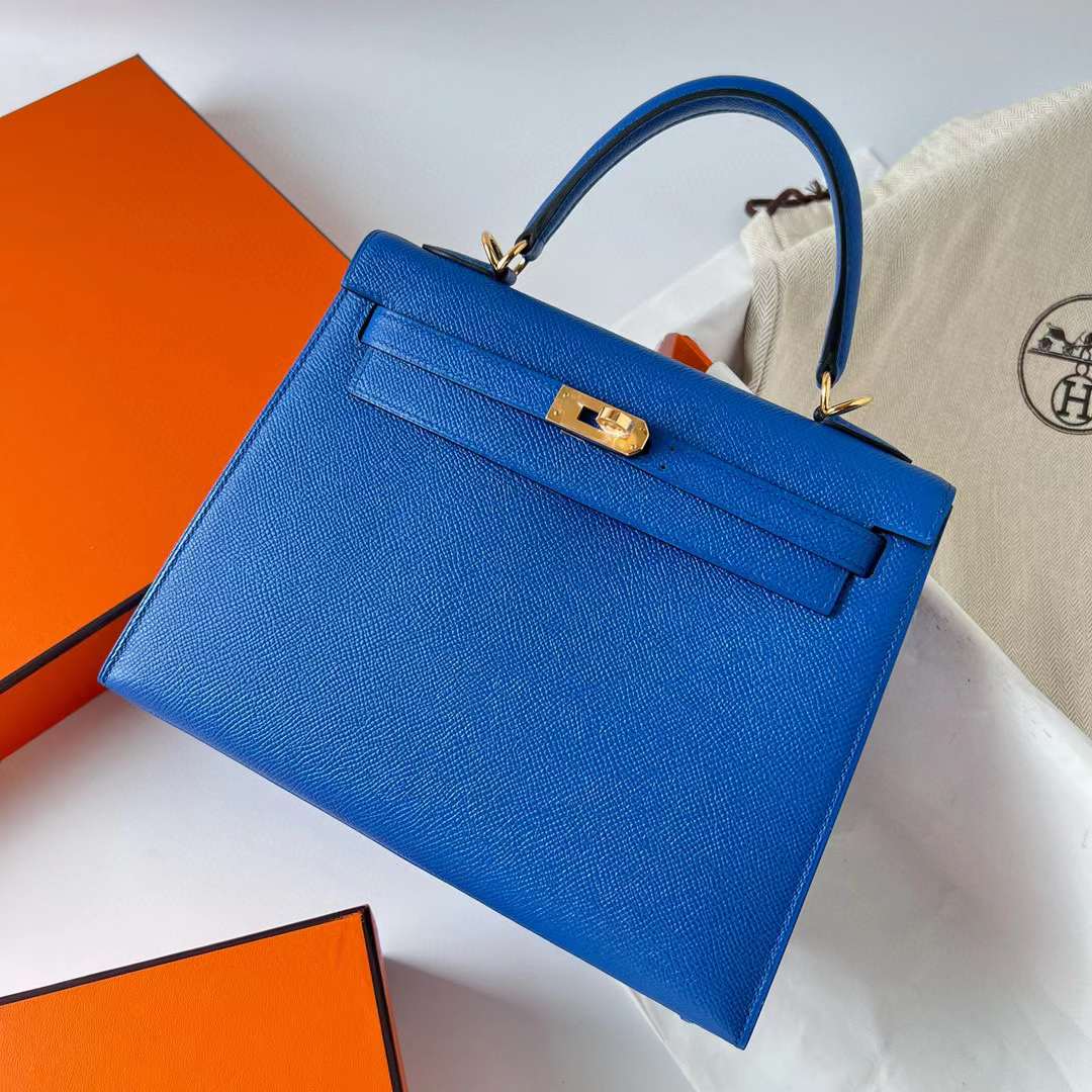 Hermès（爱马仕）Kelly 凯莉包 Epsom 掌纹皮 71 法国蓝 金扣 25cm 全手工蜡线缝制 Ghw