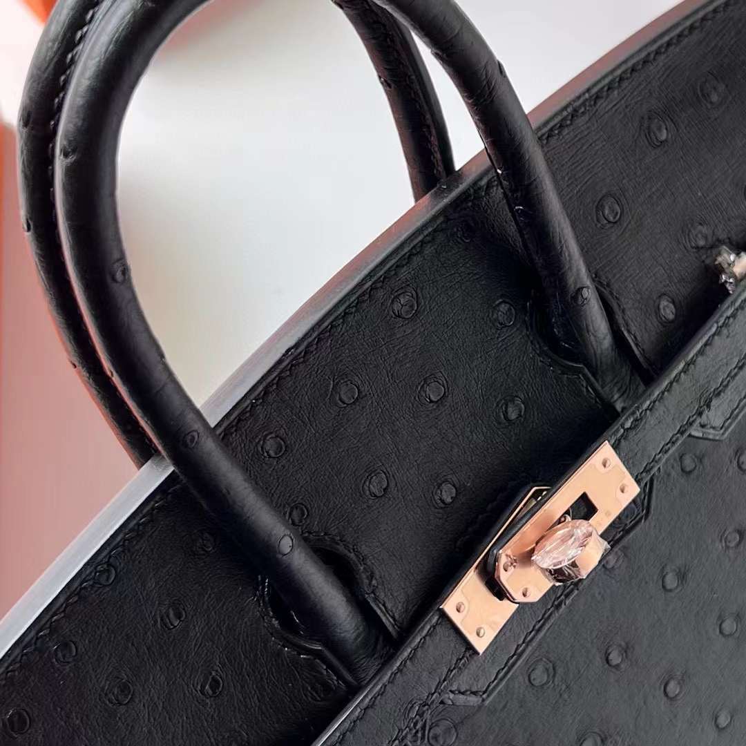 Hermès（爱马仕）Birkin 铂金包 Ostrich 南非鸵鸟皮 Ck89 黑色 玫瑰金扣 25cm 全手工蜡线缝制 Rghw