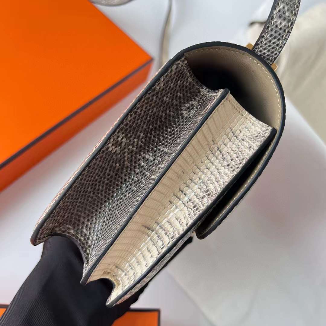 Hermès（爱马仕）Constance 康斯坦斯 Lizard 进口蜥蜴皮 01 自然色 金扣 19cm 全手工蜡线缝制 Ghw