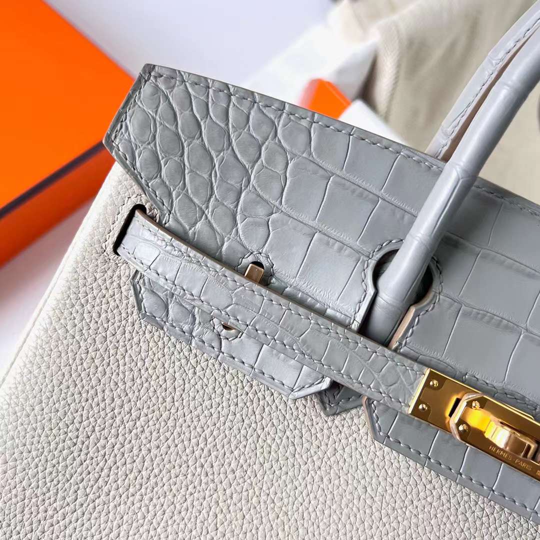 Hermès（爱马仕）Birkin 铂金包 Touch Togo 拼 雾面美洲鳄鱼皮 Ck80 珍珠灰 金扣 25cm 全手工蜡线缝制 Ghw