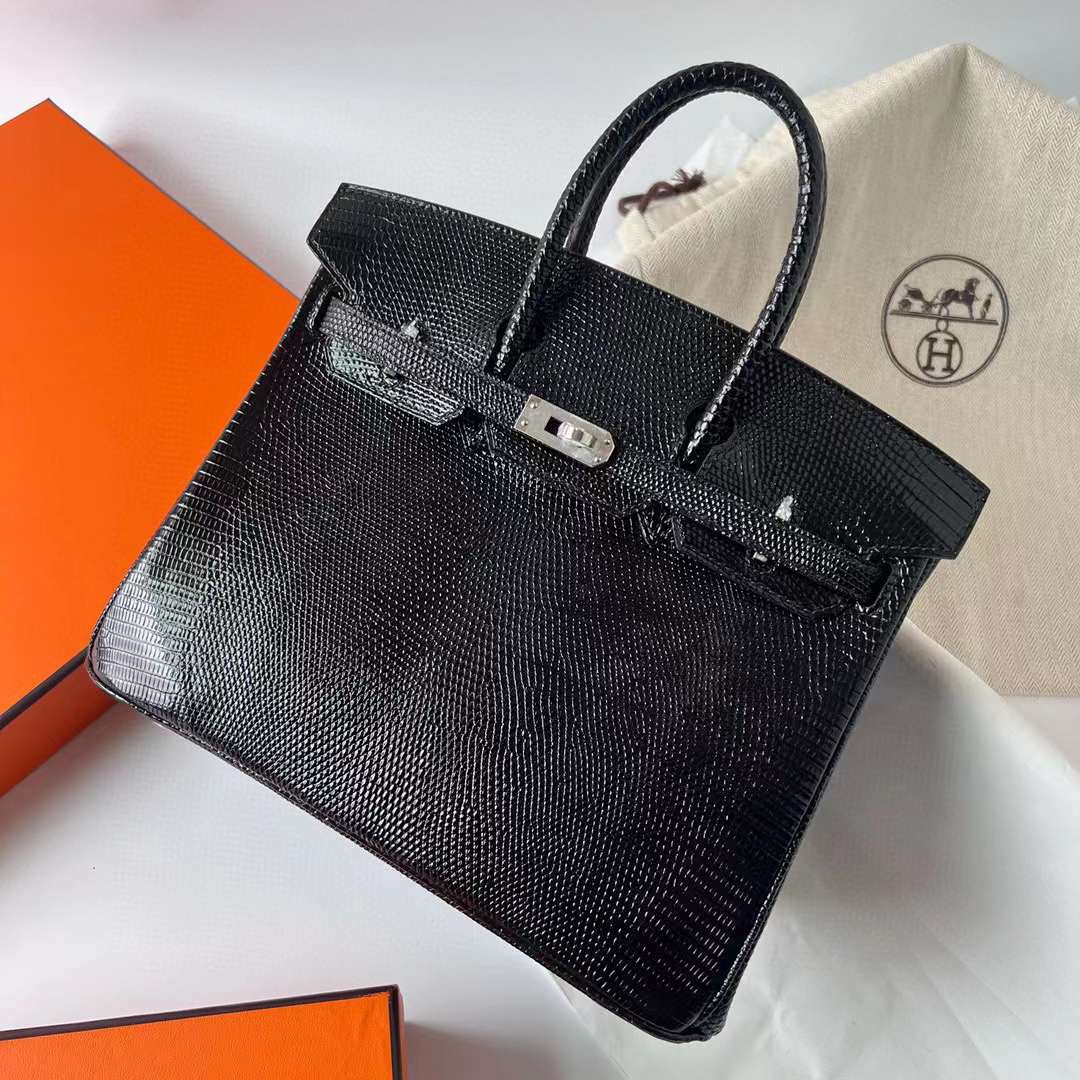 Hermès（爱马仕）Birkin 铂金包 Lizard 进口蜥蜴皮 Ck89 黑色 银扣 25cm 全手工蜡线缝制 Phw