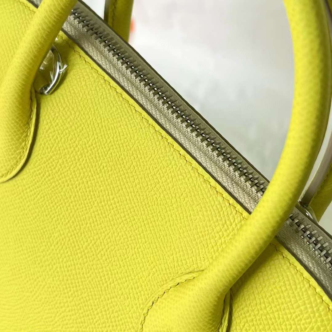 Hermès（爱马仕）Bolide 保龄球包 Epsom 9R 柠檬黄 拼 X9 锦葵紫 拼 Ck10 奶昔白 银扣 25cm 全手工蜡线缝制 Phw