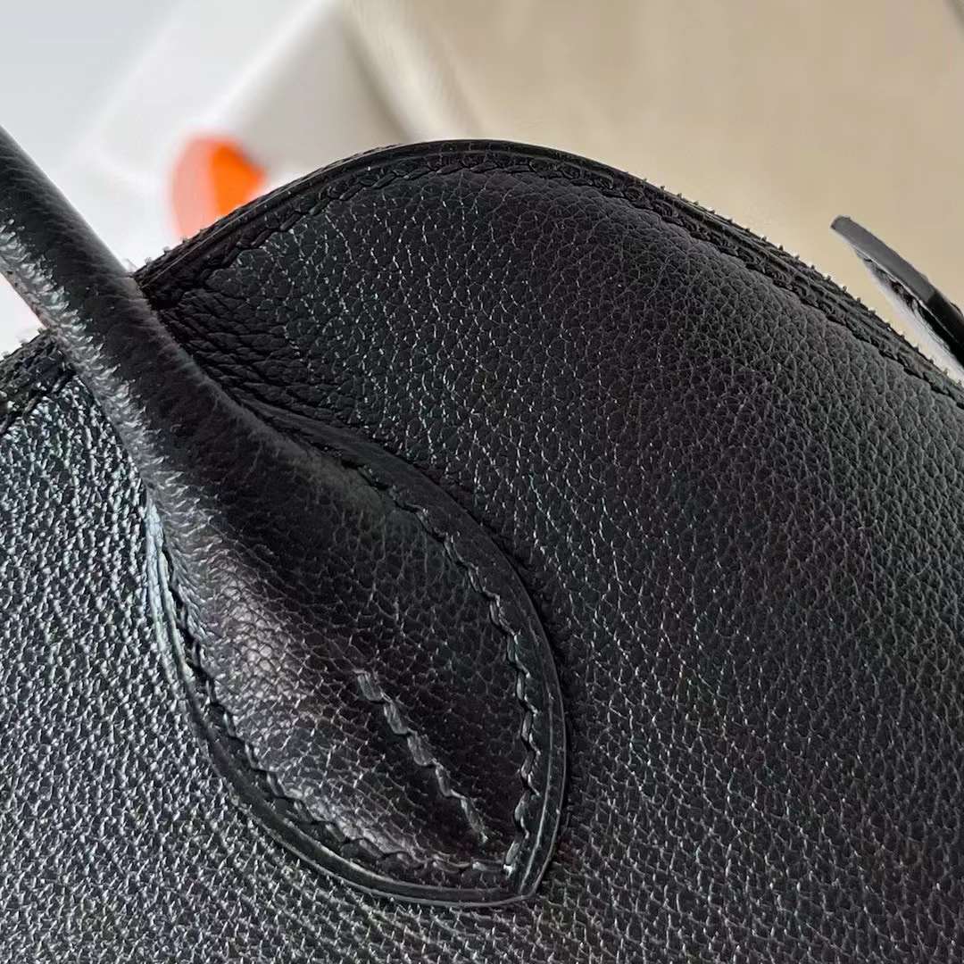 Hermès（爱马仕）Mini Bolide 迷你保龄球包 Chevre 山羊皮 Ck89 黑色 银扣 19cm 全手工蜡线缝制 Phw