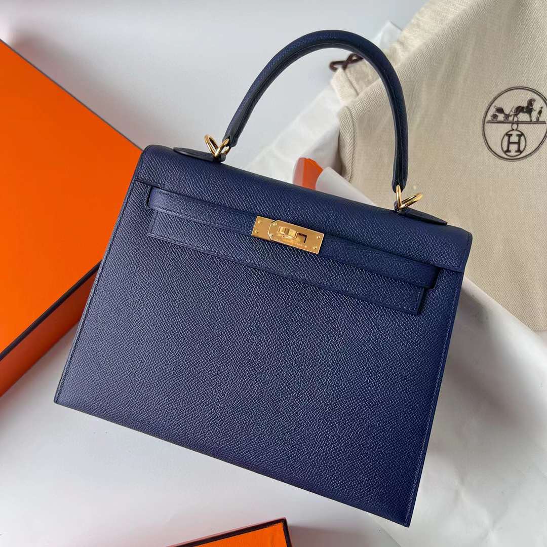 Hermès（爱马仕）Kelly 凯莉包 Epsom皮 Ck73 宝石蓝 金扣 25cm 全手工蜡线缝制 Ghw