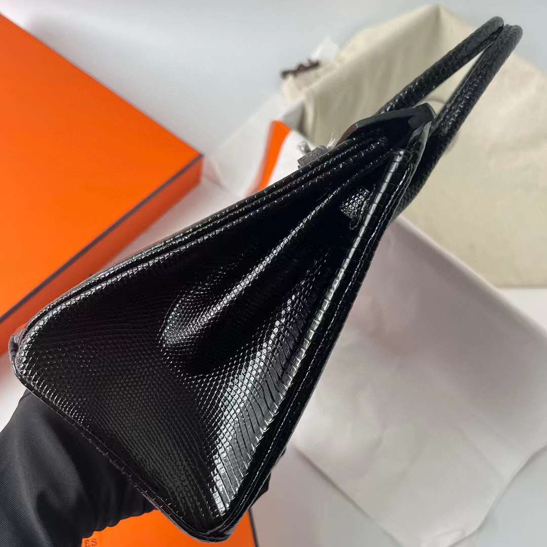Hermès（爱马仕）Birkin 铂金包 Lizard 进口蜥蜴皮 Ck89 黑色 银扣 25cm 全手工蜡线缝制 Phw
