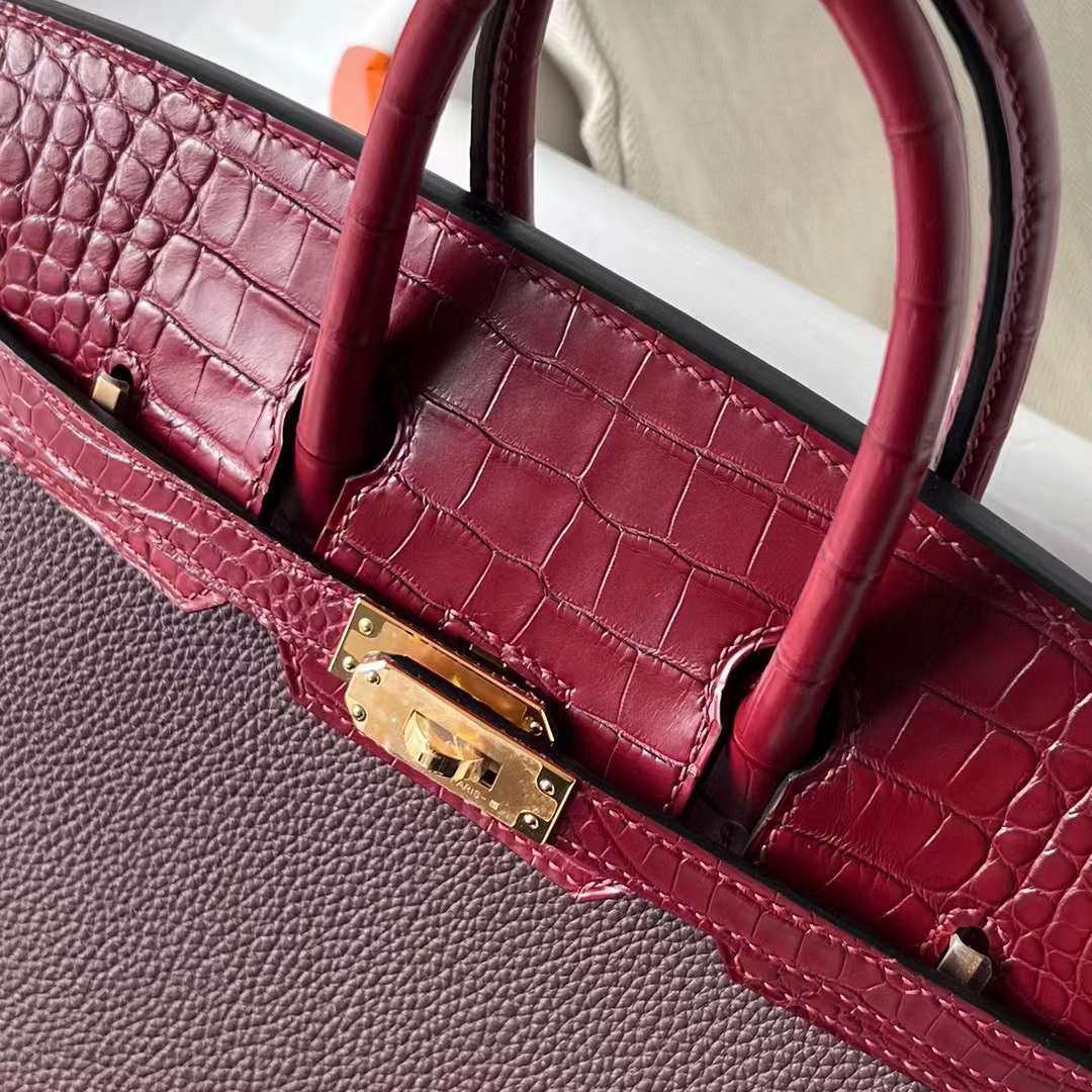 Hermès（爱马仕）Birkin 铂金包 Touch Togo皮 拼 雾面美洲鳄鱼皮 0G 马鞍红 拼 Ck55 爱马仕红 金扣 25cm 全手工蜡线缝制