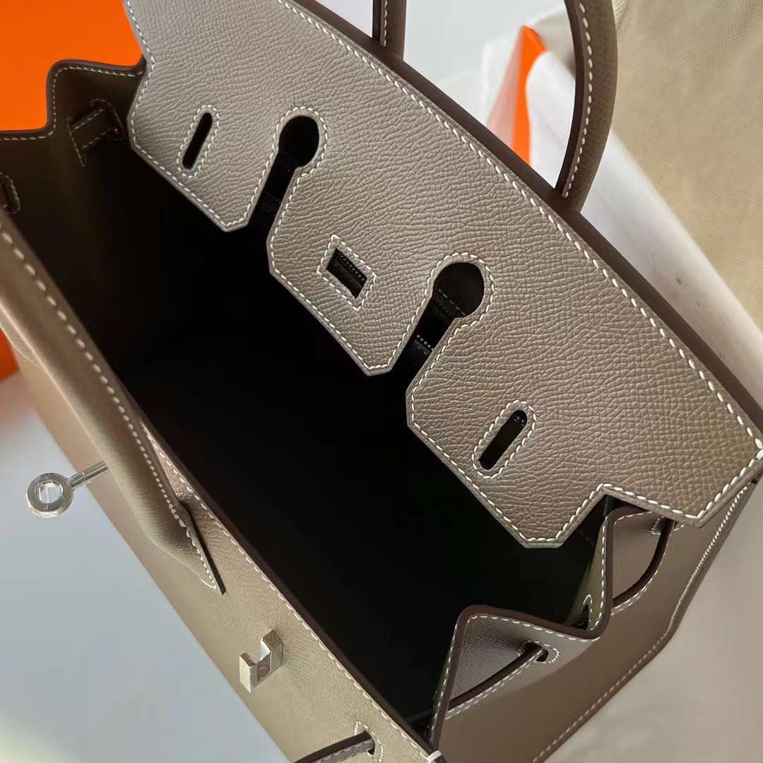 Hermès（爱马仕）Birkin Sellier Epsom Ck18 大象灰 白色走线 银扣 25cm 全手工蜡线缝制 Phw
