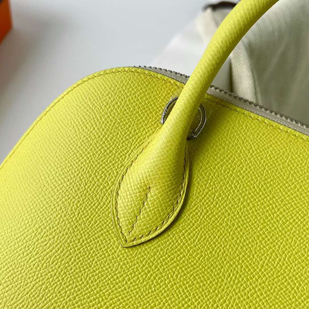 Hermès（爱马仕）Bolide 保龄球包 Epsom 9R 柠檬黄 拼 X9 锦葵紫 拼 Ck10 奶昔白 银扣 25cm 全手工蜡线缝制 Phw