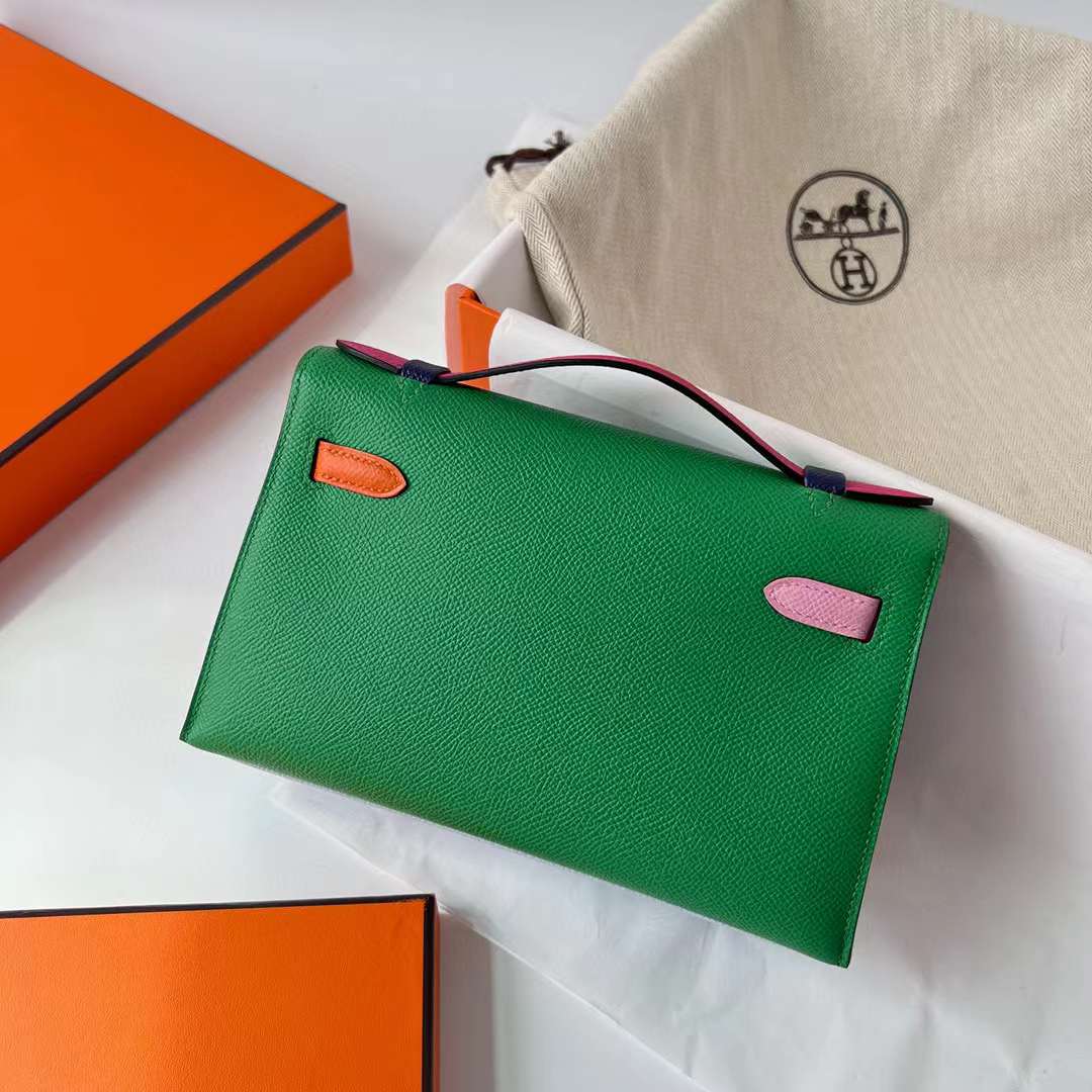 Hermès（爱马仕）Mini Kelly Pochette Epsom Hss 多拼色 P3 北方蓝 拼 U4 丝绒绿 拼 X9 锦葵紫 拼 9J 火焰橙 拼 E5 糖果粉 拼 A5 杜鹃红 拼 T0 雾蓝色 银扣 22cm