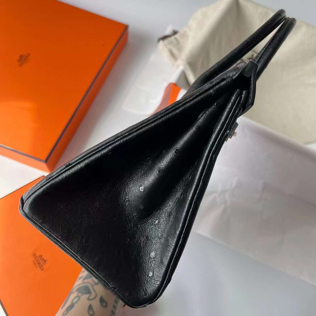 Hermès（爱马仕）Birkin 铂金包 Ostrich 南非鸵鸟皮 Ck89 黑色 玫瑰金扣 25cm 全手工蜡线缝制 Rghw