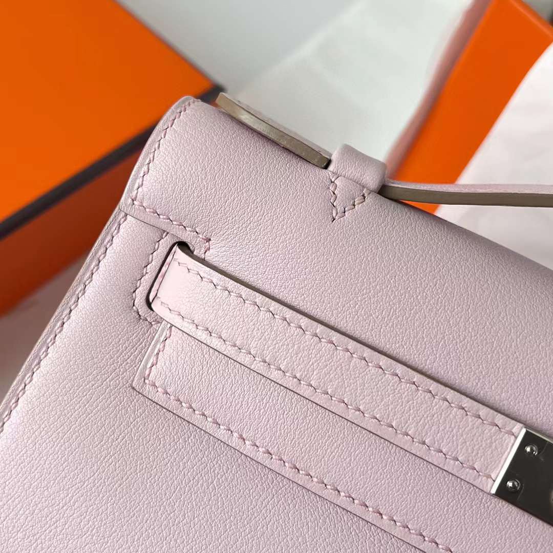 Hermès（爱马仕）Mini Kelly Pochette Swift皮 09 梦幻粉紫 银扣 22cm 全手工蜡线缝制 Phw
