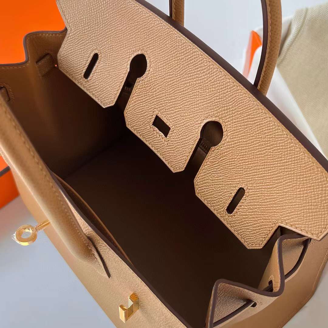 Hermès（爱马仕）Birkin Sellier Epsom 0M 奶茶色 金扣 25cm 全手工蜡线缝制 Ghw