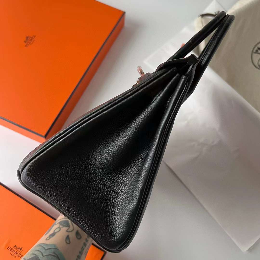 Hermès（爱马仕）Birkin 铂金包 Touch Togo 拼 雾面尼罗鳄鱼皮 Ck89 黑色 玫瑰金扣 25cm 全手工蜡线缝制 Rghw