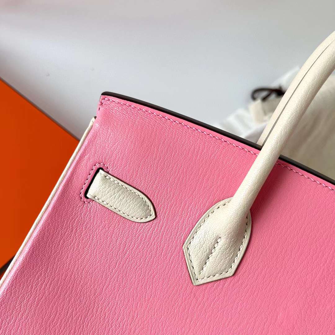 Hermès（爱马仕）Birkin 铂金包 Chevre 进口山羊皮 5P 樱花粉 拼 Ck10 奶昔白 金扣 30cm 全手工蜡线缝制 Ghw