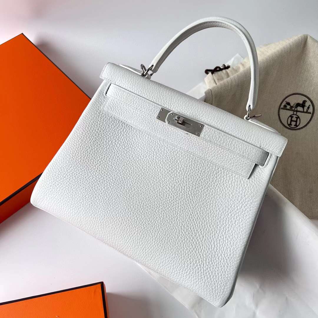 Hermès（爱马仕）Kelly 凯莉包 Clemence（原厂进口tc皮）01 纯白 银扣 25cm 全手工蜡线缝制 Phw