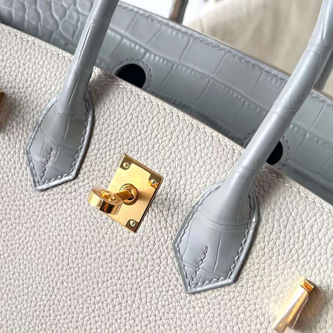 Hermès（爱马仕）Birkin 铂金包 Touch Togo 拼 雾面美洲鳄鱼皮 Ck80 珍珠灰 金扣 25cm 全手工蜡线缝制 Ghw